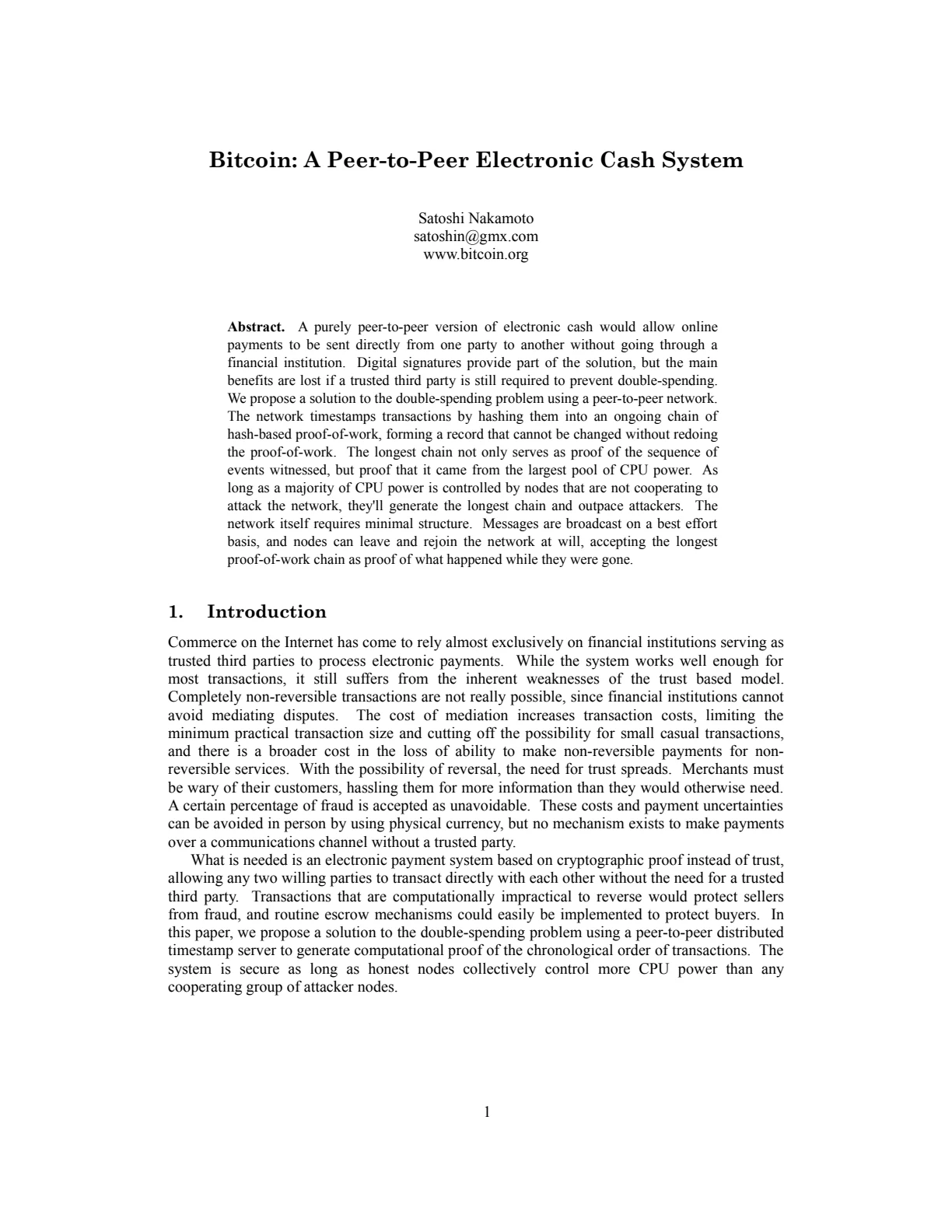 Cover for Bitcoin: A Peer-to-Peer Electronic Cash System
